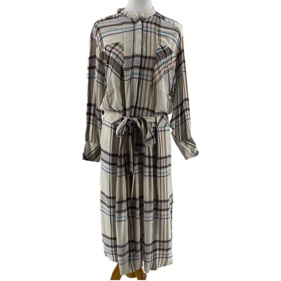 Reiss Dresses & Skirts - Reiss Cream Lynn Checkered Belted Plaid Long Sleeve Maxi Dress